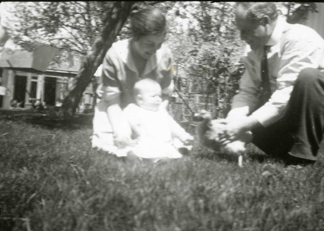 lt= black and white photo of a man, woman, and baby playing with a chicken on a lawn