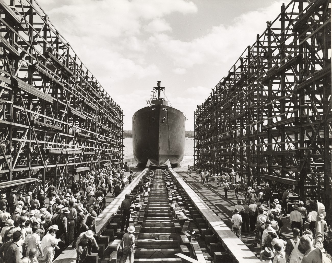 Ship launching at the Vancouver Kaiser Shipyards