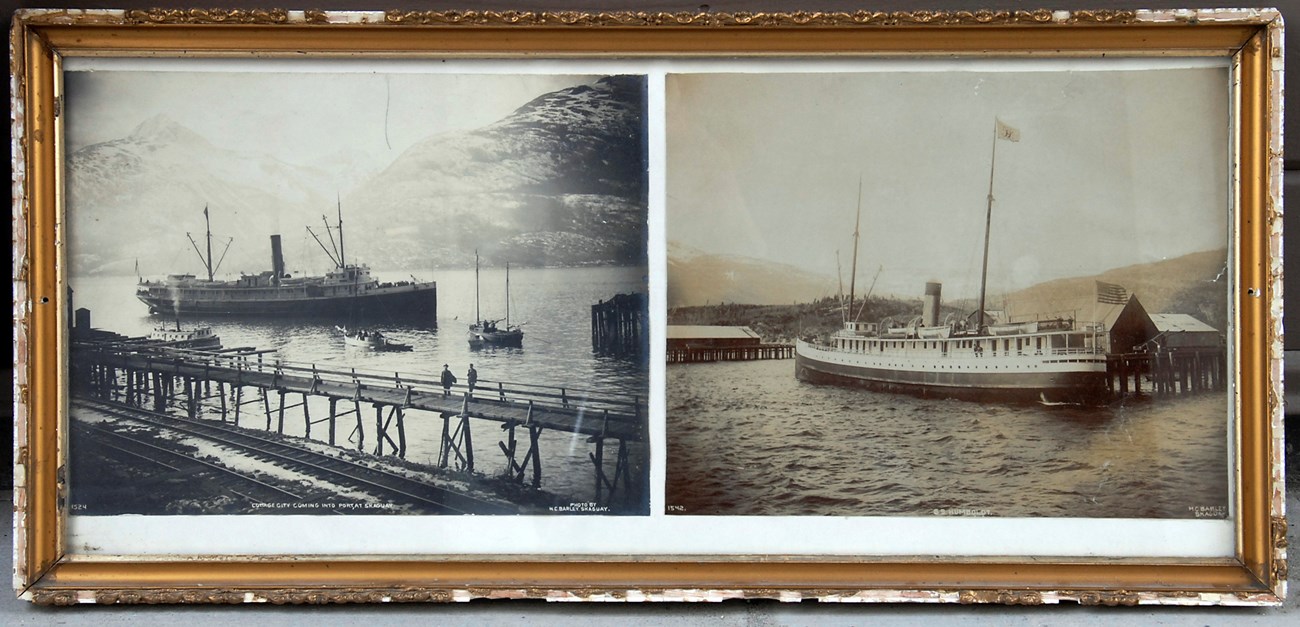 Two photos of two different Inside Passage steam ships docked in the Skagway harbor