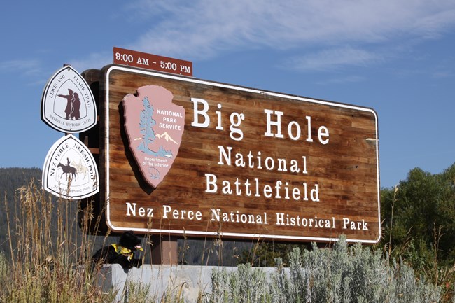 toy dog near Big Hole Battlefield sign