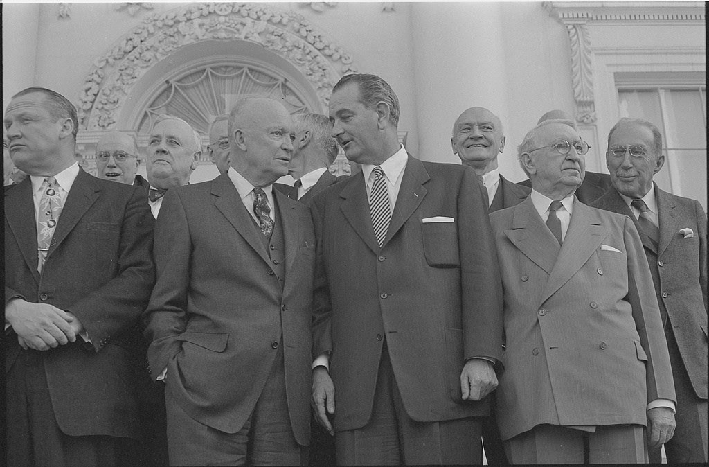 President Dwight D. Eisenhower standing with Lyndon B. Johnson (center),John Foster Dulles (right) and other guests, Washington, D.C. 1955