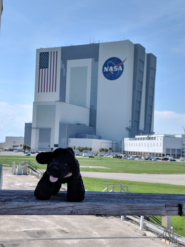 toy dog in front of Vehicle Assembly Building