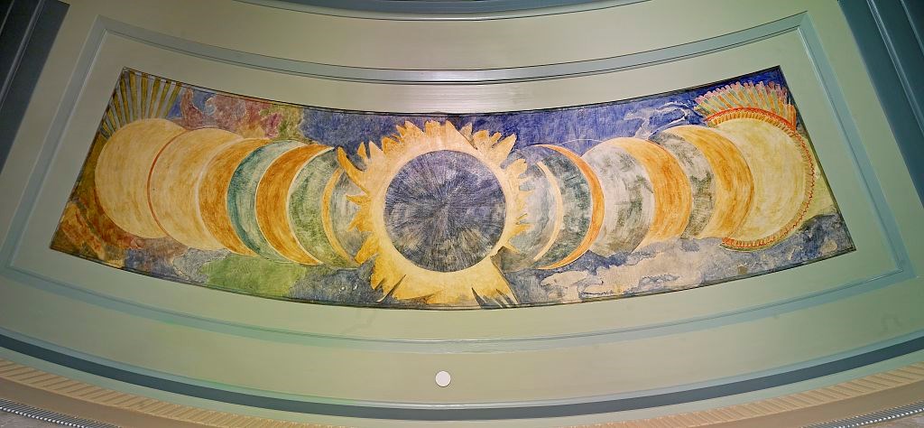 Painting of a solar eclipse showing the phases.