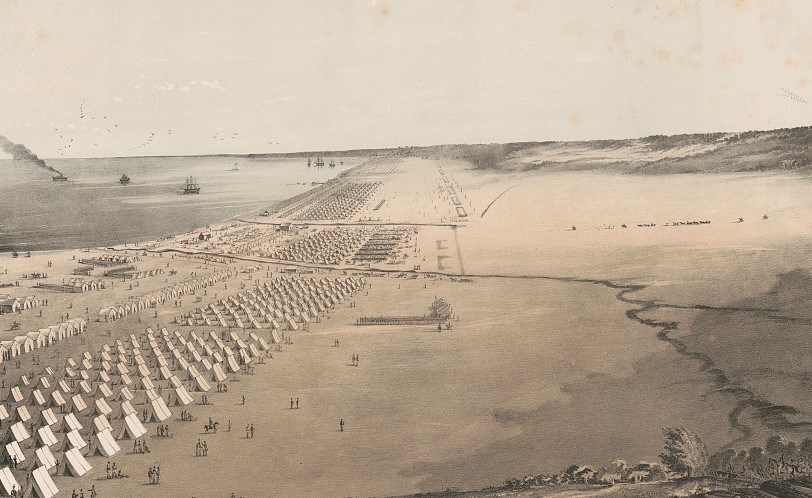 Taylor's near Corpus Christi, Texas Color lithograph of the U.S. military tent camp at Corpus Christi beach