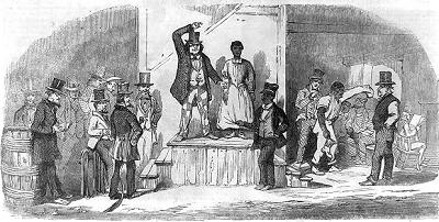 drawing of people at a slave auction