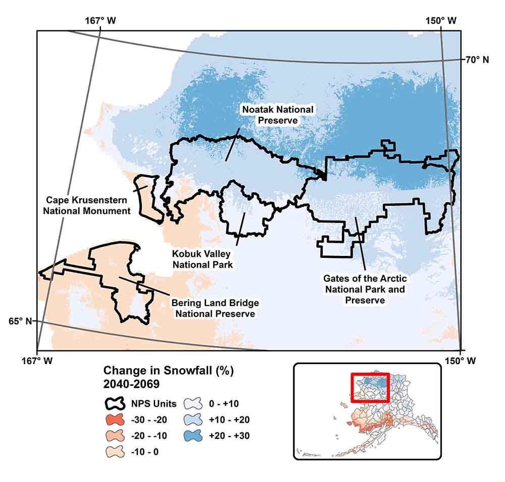 A map of Arctic Alaska showing the projected change in snowfall.