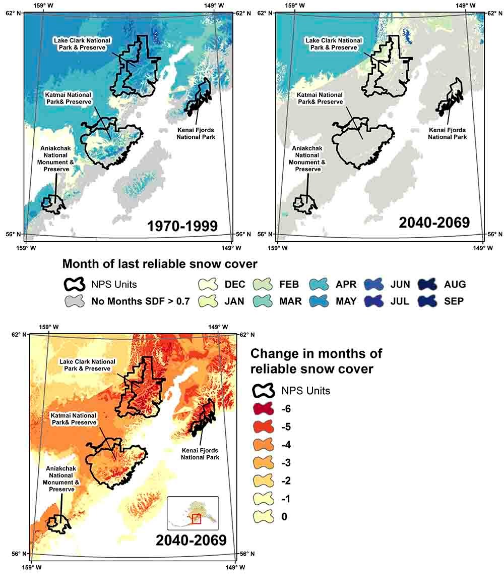 A series of three maps of southwest Alaska showing the transition in timing and duration of snowpack.