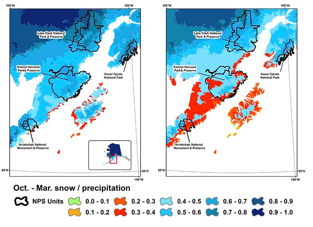 Map of southwest Alaska and change in snow fall.