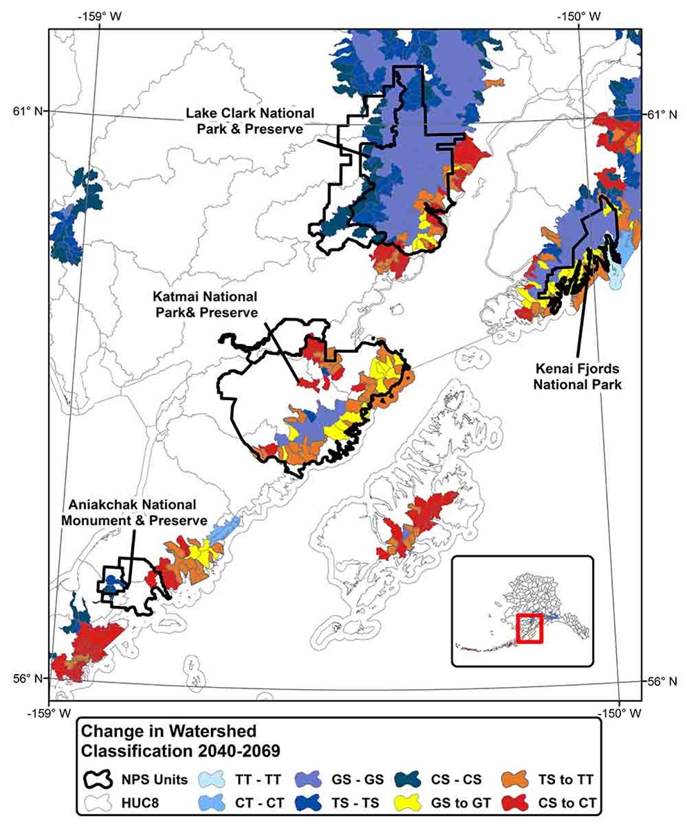 A map of parks in southwest Alaska showing the projected change in watershed classification.