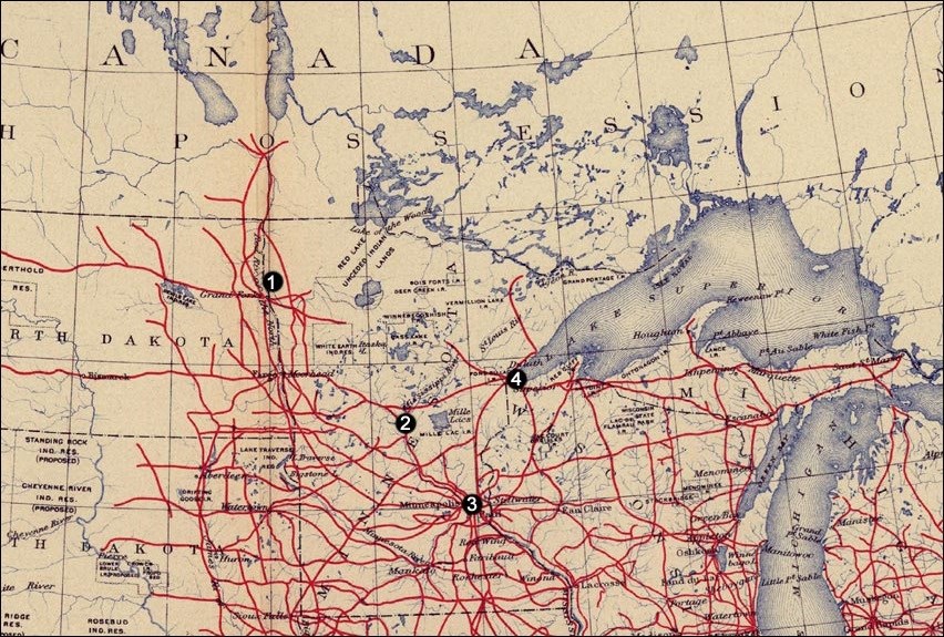 Map of Railroads in Minnesota and North and South Dakota, 1890.