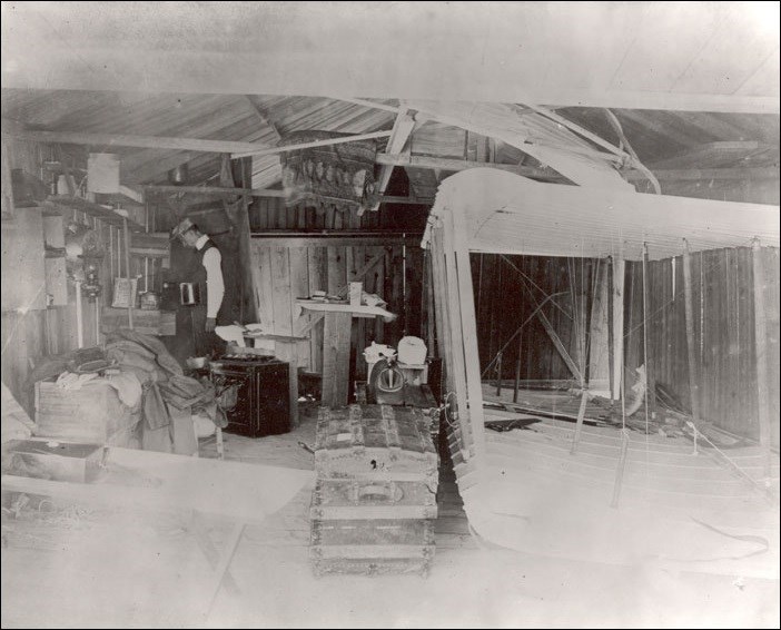 Interior of the Wright brothers' shed/living quarters, 1902.