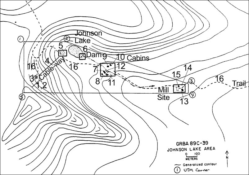 Topographical map if the Johnson Lake Mine area. (National Park Service, Western Archeological and Conservation Center Drawing) Topographical map if the Johnson Lake Mine area. (National Park Service, Western Archeological and Conservation Center Drawing)