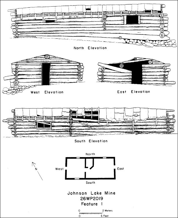 Elevation drawings of cabins at Johnson Lake Mine complex. (National Park Service, Western Archeological and Conservation Center, Drawing by Ronald Beckwith)