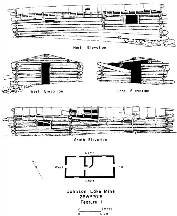Elevation drawings of cabins at Johnson Lake Mine complex. (National Park Service, Western Archeological and Conservation Center, Drawing by Ronald Beckwith) Elevation drawings of cabins at Johnson Lake Mine complex. (National Park Service, Western Archeological and Conservation Center, Drawing by Ronald Beckwith)