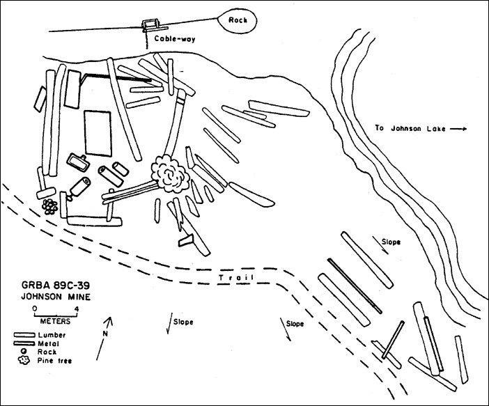 Detailed map of the trash and rubble scatter from the collapsed cable-way terminal building. (National Park Service, Western Archeological and Conservation Center Drawing)