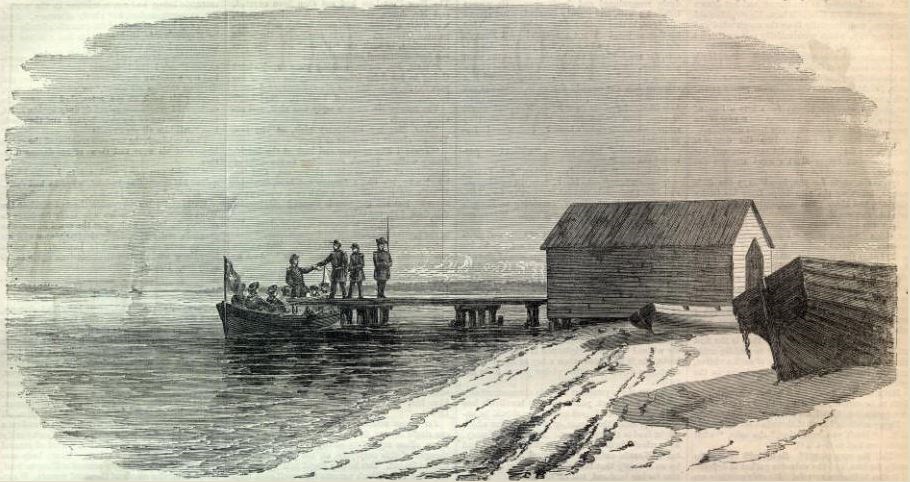 Historic engraving of men meeting on a dock.