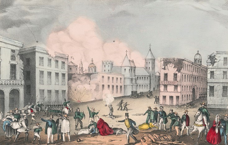Color lithograph showing scene in Vera Cruz during the bombardment, March 25, 1847