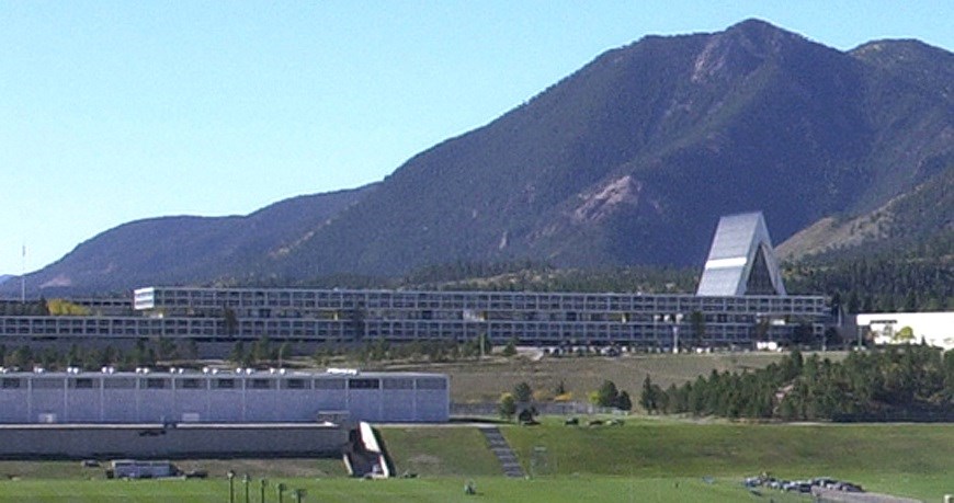 Photo of Cadet Area with mountains in background.