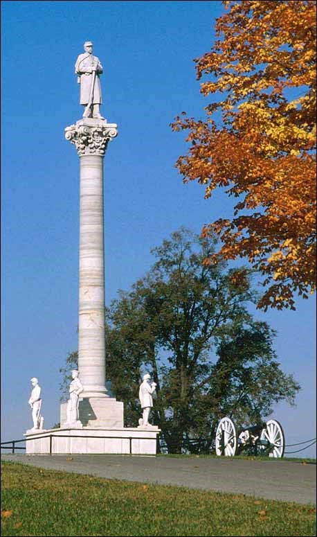 Dayton Soldiers Memorial with soldier statue surrounded by headstones. (Courtesy of Dayton Veterans Affairs Archive)