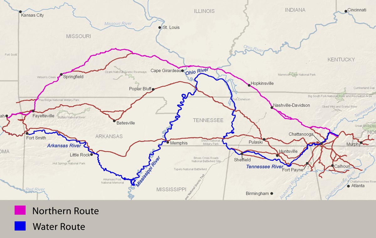 Map of different Trail of Tears routes