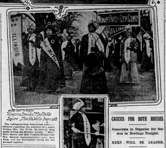 Newspaper clipping with photo of suffrage protesters in parade; African American woman wearing sash and carrying banner is at center.