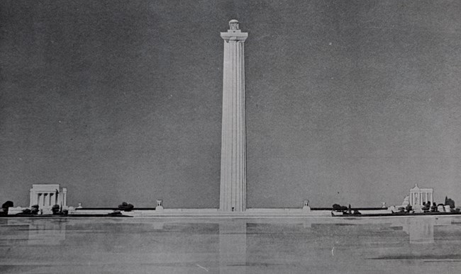 Perry Memorial Black and white photo of a tall stone Doric column memorial with square observation deck and bronze urn on the top. two plaza extend from the sides of column at base with two smaller stone structures. Plaza also extends towards viewer.