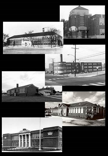 (From top to bottom: Sumner School, Monroe School, John Philip Sousa Junior High School, Robert R. Moton High School, Summerton High School, and Howard High School. National Historic Landmark and National Register photos.)