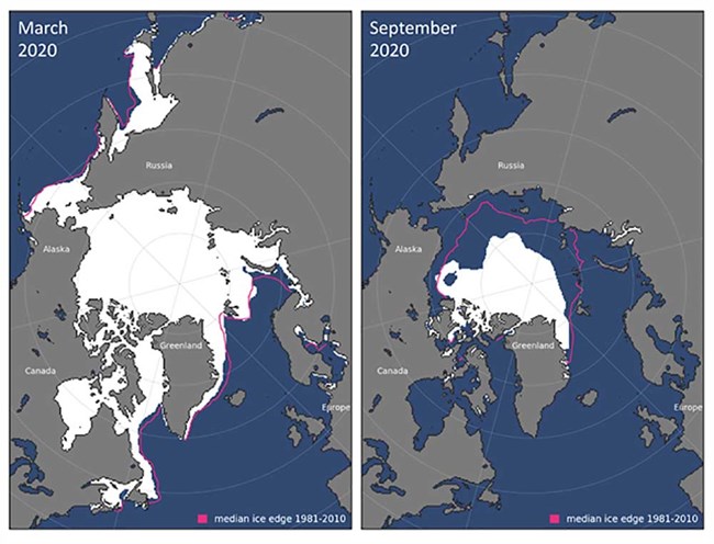 1226ARC20_SeaIce_perovich_Fig1_web Comparison of sea ice extent for March and September 2020.