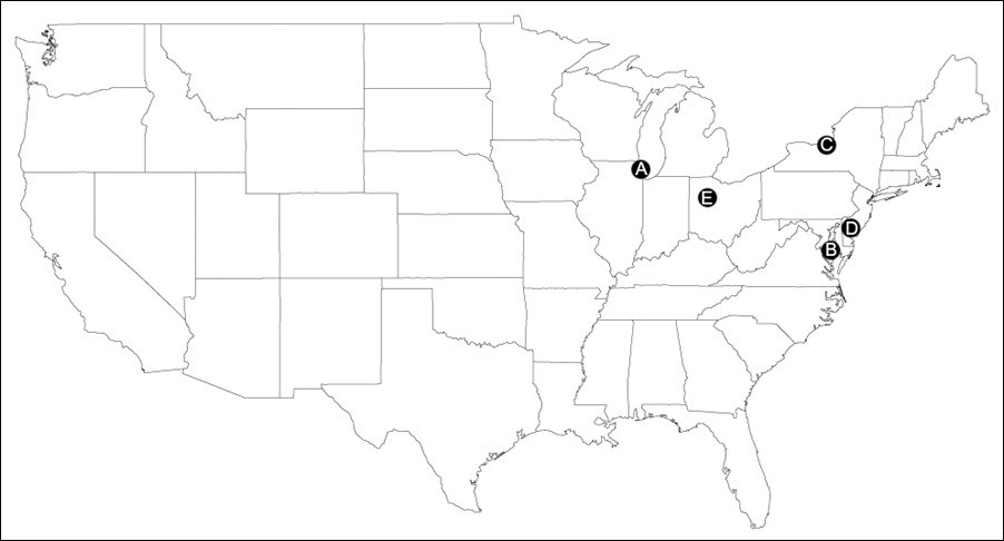 Map of the US with locations where Victory Ships were produce.