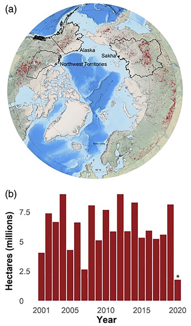 1263ARC20_Fires_york_Fig1_web Circumpolar map of fires with a bar chart of extent of fires.
