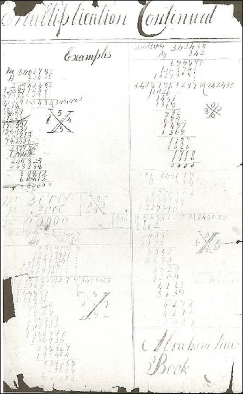 Piece of paper with numbers and math equations on it. (Lincoln Boyhood National Memorial)