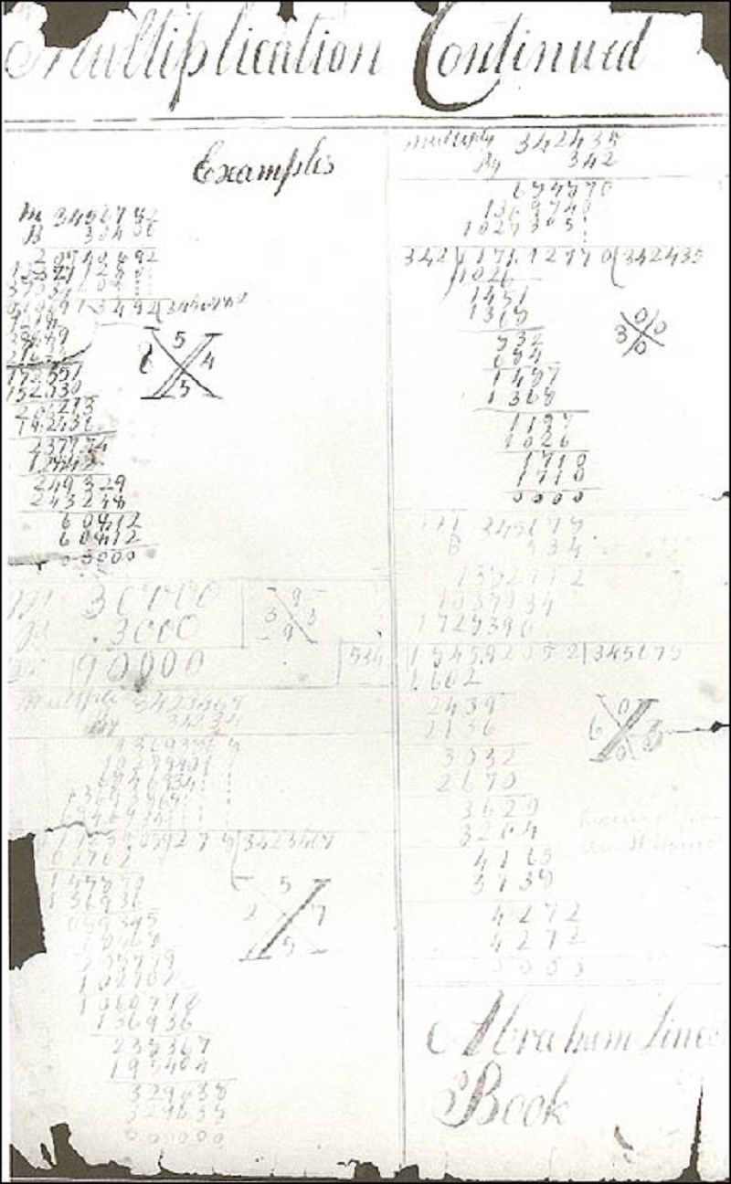 Piece of paper with numbers and math equations on it. (Lincoln Boyhood National Memorial) Piece of paper with numbers and math equations on it. (Lincoln Boyhood National Memorial)