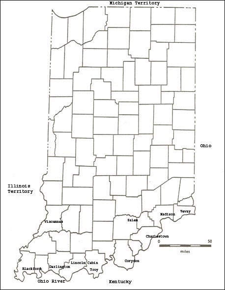 Map of Indiana and surrounding area, 1816. (Lincoln Boyhood National Memorial)