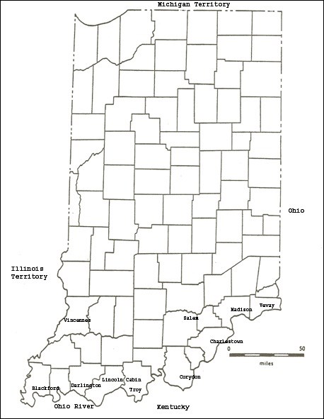 Map of Indiana and surrounding area, 1816. (Lincoln Boyhood National Memorial) Map of Indiana and surrounding area, 1816. (Lincoln Boyhood National Memorial)