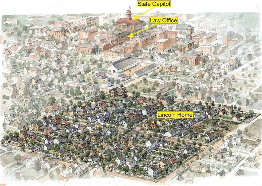 Drawing of aerial of Springfield, Illinois in 1860.(Courtesy Lincoln Home National Historic Site)