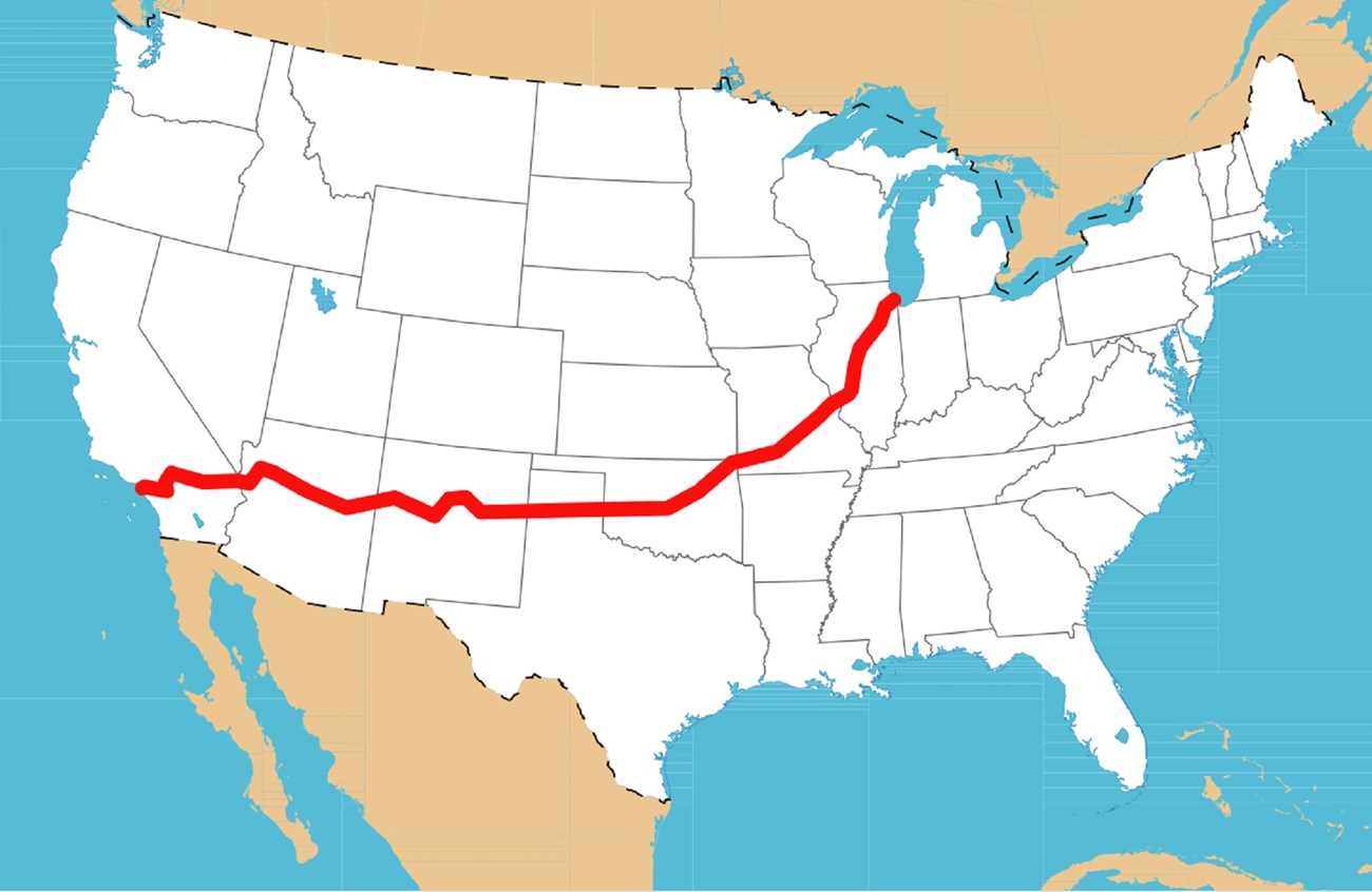 Public-domain map showing the historic Route 66 corridor from Chicago to Los Angeles