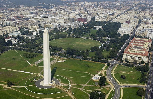Aerial of the Washington Monument, modern day. CC0