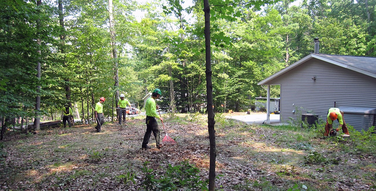 lt= Workers use rakes and chainsaws to clear vegetation near a structure.