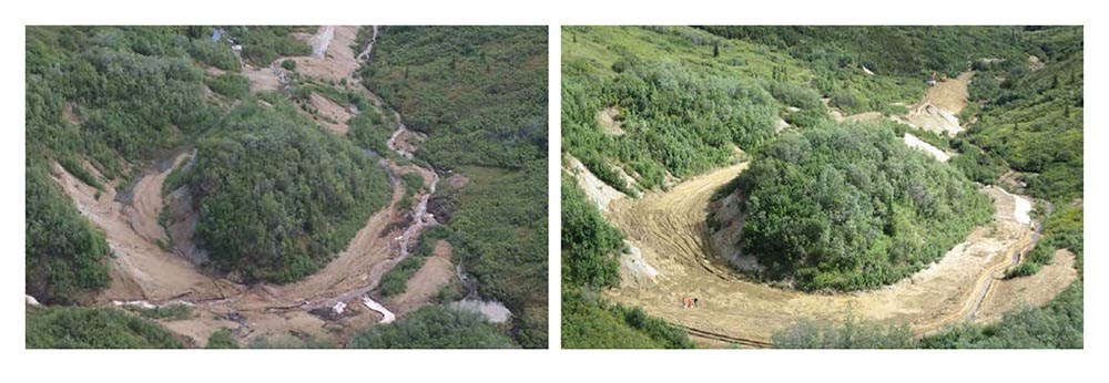 Side-by-side comparison of the stream bed before and after restoration.