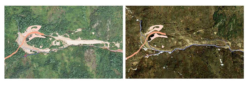 Side-by-side comparison of the stream bed before and after a flood event.