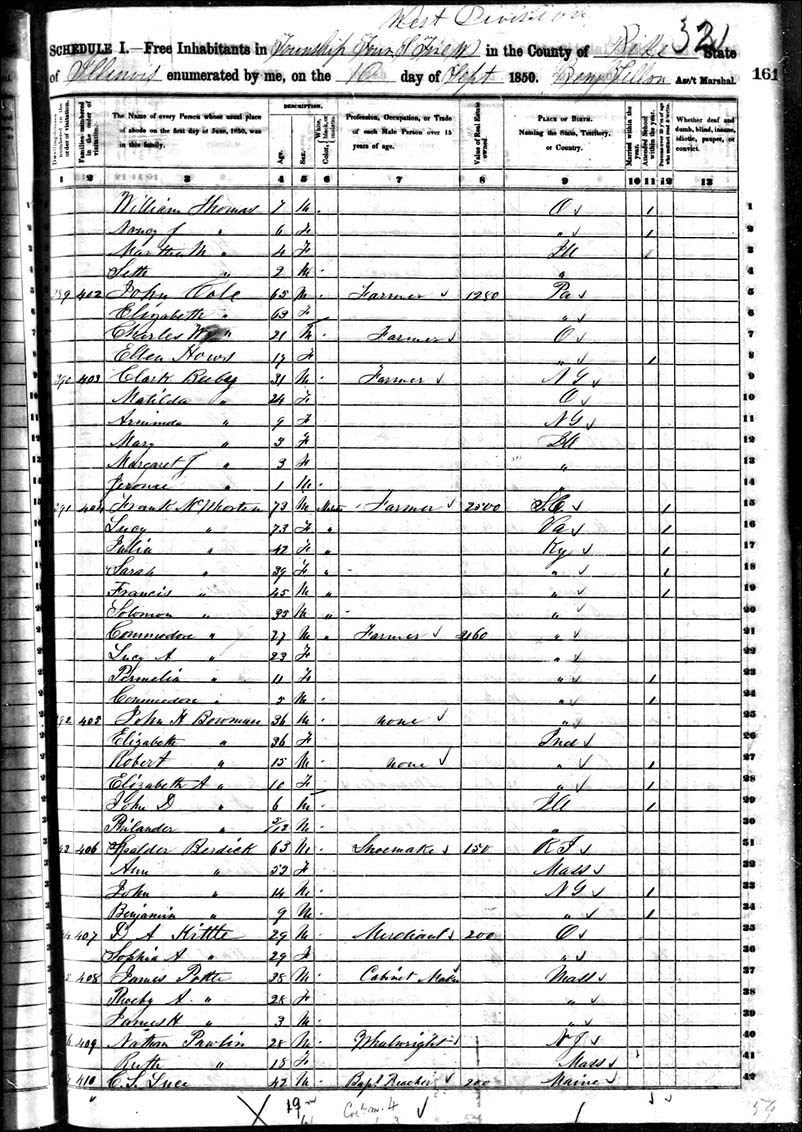 Page from 1850 Population Census Schedule for Hadley Township, Pike County, Illinois with name and ages.