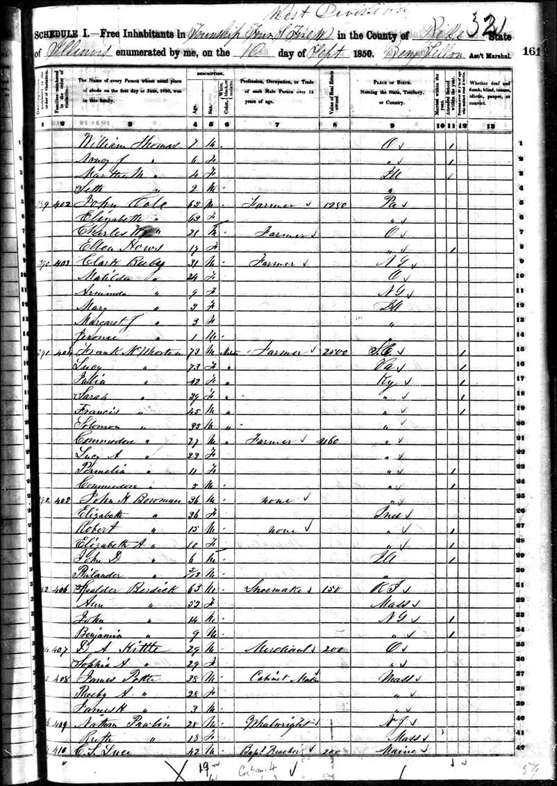 Page from 1850 Population Census Schedule for Hadley Township, Pike County, Illinois with name and ages. Page from 1850 Population Census Schedule for Hadley Township, Pike County, Illinois with name and ages.