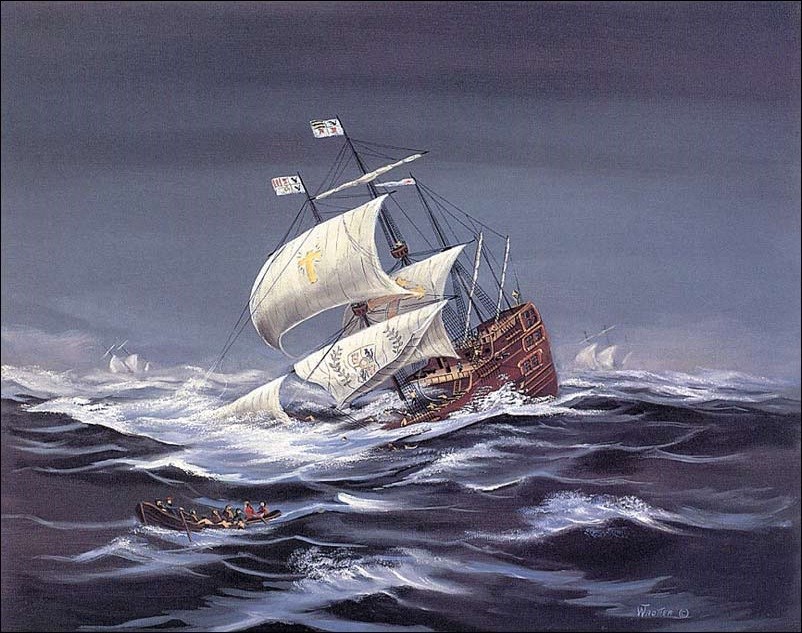 Ship in a stormy sea.