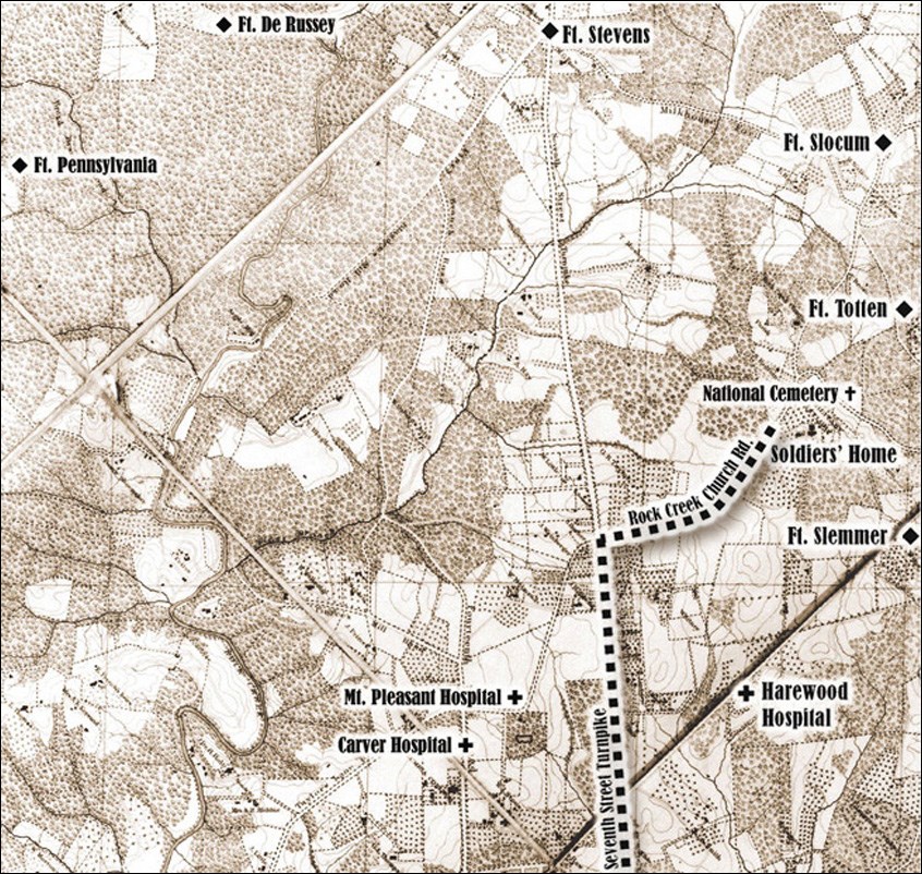 Map of Dc ares in 1860s depicting President Lincoln's route from White House to local Union soldiers home.