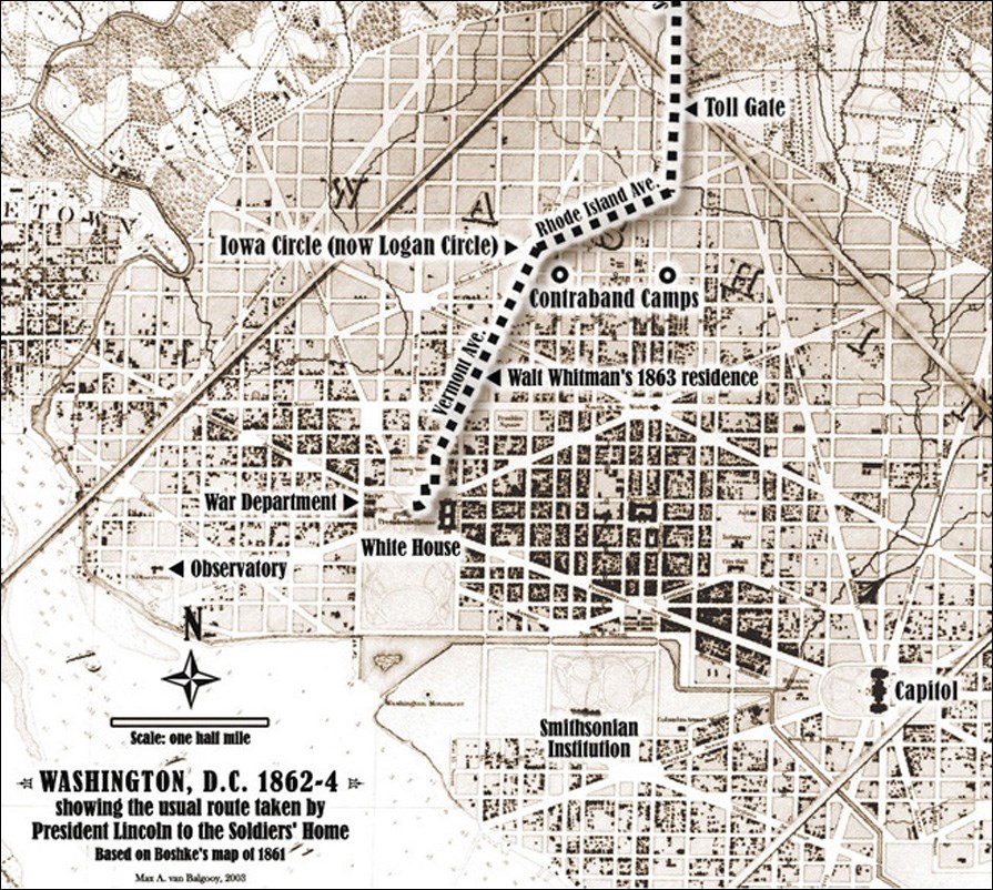 Lincoln's commute from the White House to the Soldiers' Home: southern portion.