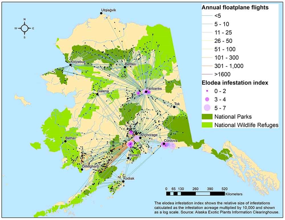 A map of Alaska showing flight paths to parks and other remote lakes.