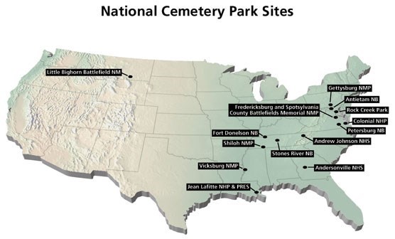Map of the united states with names and locations of national cemeteries