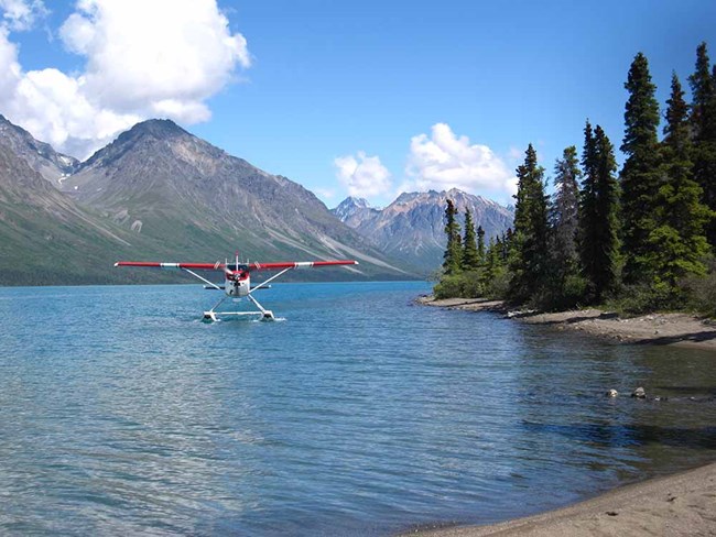 A floatplane on a mountain lake.