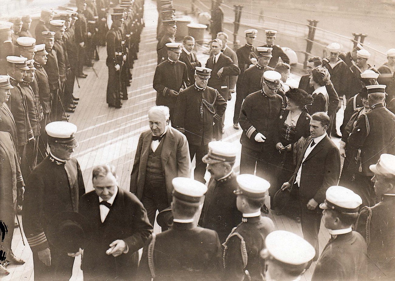Edison with Navy Secretary Josephus Daniels aboard the battleship U.S.S. New York at the Brooklyn Navy Yard, October 12, 1914.