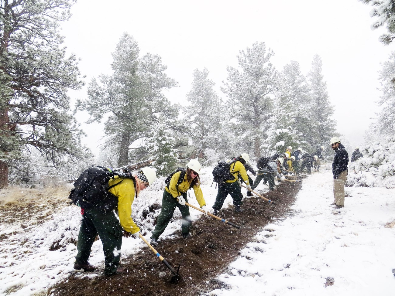 firefighters uses hand tools to dig fireline in the snow while a supervisor looks on